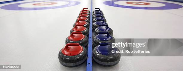 General view of curling stones during the Pacific Asia 2012 Curling Championship at the Naseby Indoor Curling Arena on November 25, 2012 in Naseby,...