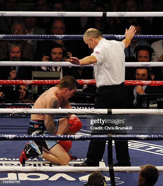 Ricky Hatton of Great Britain fails to beat the count after being knocked down by Vyacheslav Senchenko of Ukraine during their welterweight bout at...