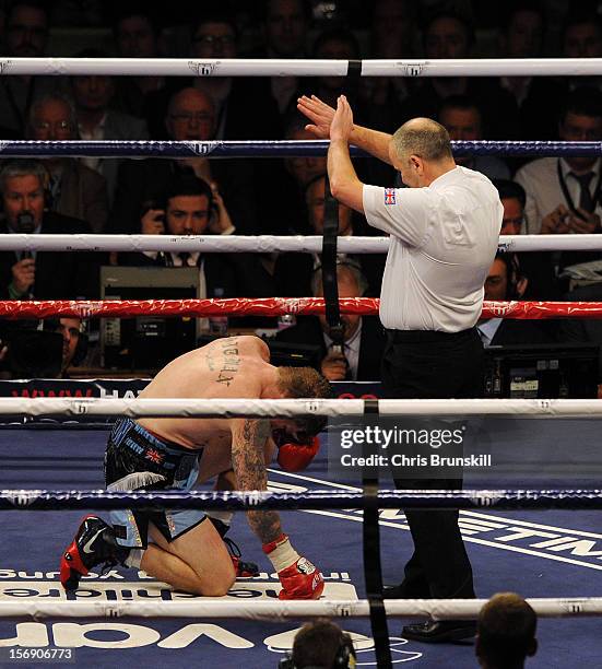 Ricky Hatton of Great Britain fails to beat the count after being knocked down by Vyacheslav Senchenko of Ukraine during their welterweight bout at...