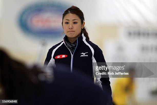 Miyo Ichikawa of Japan during the Pacific Asia 2012 Curling Championship at the Naseby Indoor Curling Arena on November 25, 2012 in Naseby, New...