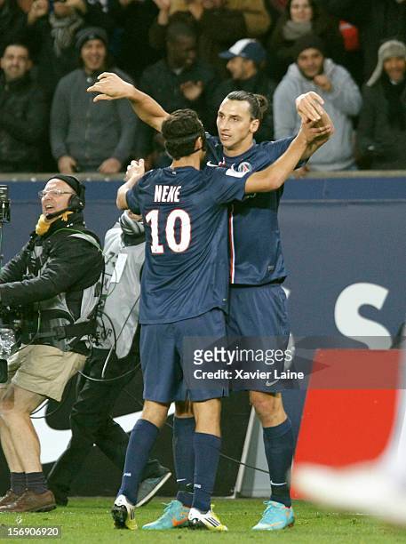 Zlatan Ibrahimovic of Paris Saint-Germain FC celebrate his goal with Nene during the French Ligue 1 between Paris Saint-Germain FC and Troyes ESTAC...
