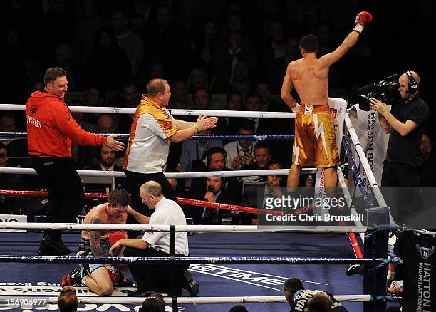 Vyacheslav Senchenko of Ukraine celebrates after stopping Ricky Hatton of Great Britain during their welterweight bout at MEN Arena on November 24,...