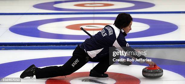Satsuki Fujisawa of Japan in action during the Pacific Asia 2012 Curling Championship at the Naseby Indoor Curling Arena on November 25, 2012 in...