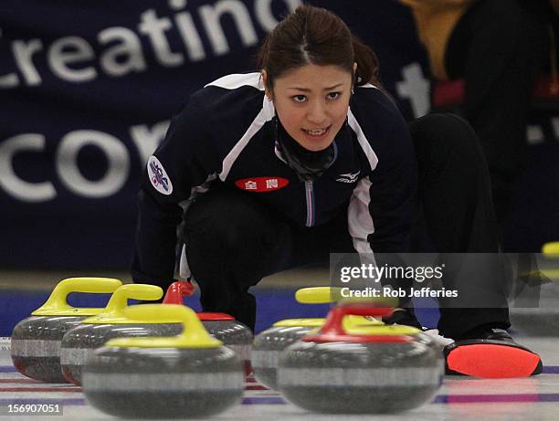 Miyo Ichikawa of Japan in action during the Pacific Asia 2012 Curling Championship at the Naseby Indoor Curling Arena on November 25, 2012 in Naseby,...