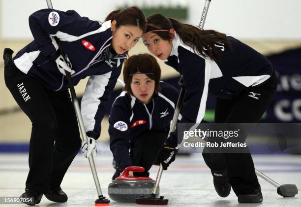 Chiaki Matsumura of Japan in action during the Pacific Asia 2012 Curling Championship at the Naseby Indoor Curling Arena on November 25, 2012 in...