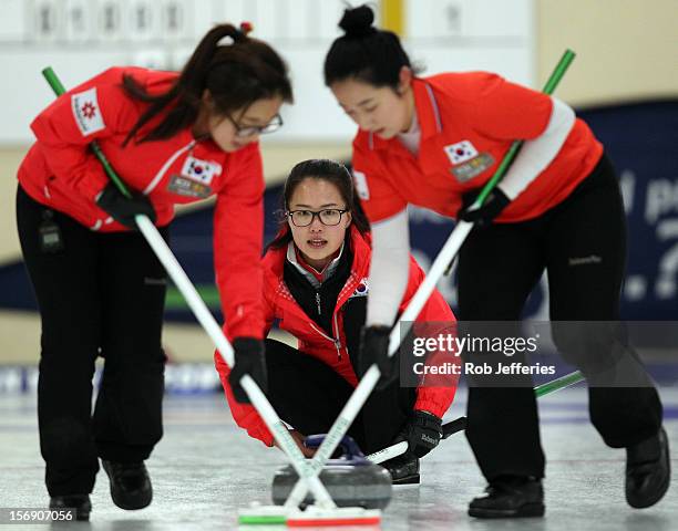 Eun-Jung Kim of Korea during the Pacific Asia 2012 Curling Championship at the Naseby Indoor Curling Arena on November 25, 2012 in Naseby, New...