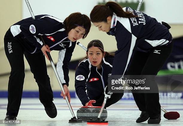 Emi Shimizu of Japan in action during the Pacific Asia 2012 Curling Championship at the Naseby Indoor Curling Arena on November 25, 2012 in Naseby,...