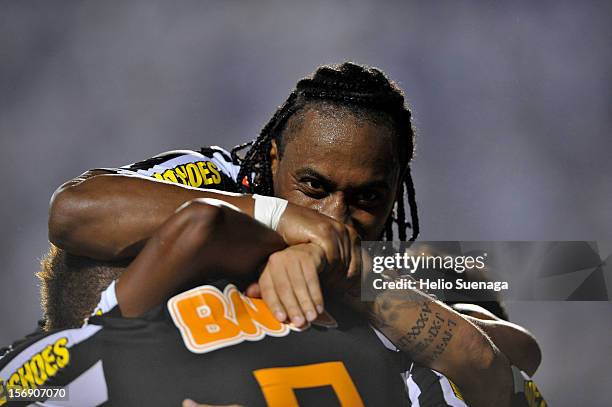 Felipe Anderson of Santos celebrates a goal during a match between Corinthians and Santos as part of the Brazilian Series A Championship 2012 at...