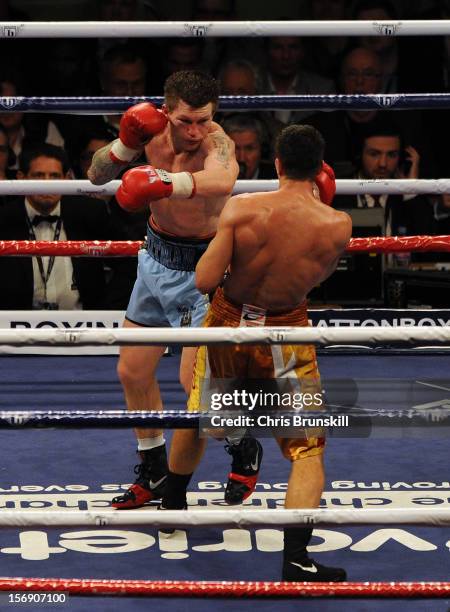 Ricky Hatton of Great Britain in action with Vyacheslav Senchenko of Ukraine during their welterweight bout at MEN Arena on November 24, 2012 in...