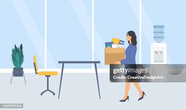 stockillustraties, clipart, cartoons en iconen met side view of young business woman holding cardboard box with belongings in her new office. starting a new job concept - relocation