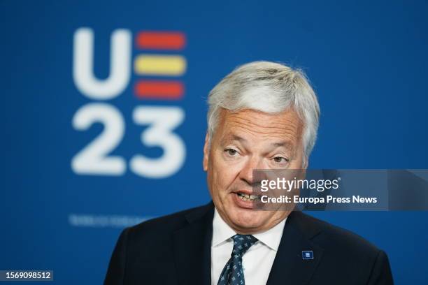 European Commissioner for Justice Didier Reynders delivers remarks upon arrival on the second day of the informal meeting of EU Consumer Affairs...