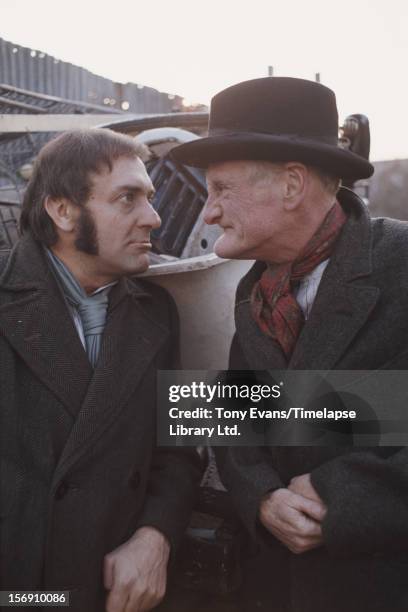 Actors Harry H Corbett and Wilfrid Brambell as they appear in the BBC sitcom 'Steptoe and Son', circa 1970.