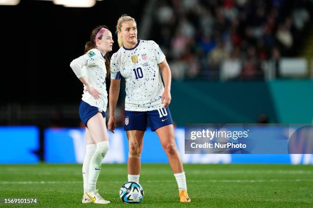 Rosemary Lavelle of USA and OL Reign and Lindsey Horan of USA and Olympique Lyonnais talk during the FIFA Women's World Cup Australia &amp; New...