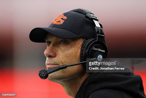 Head coach Mike Riley of the Oregon State Beavers watches the scoreboard against the Oregon Ducks during the 116th Civil War on November 24, 2012 at...