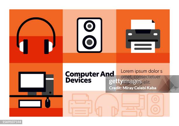 computer and devices line icon set and banner design. - keyboard unplugged stock illustrations