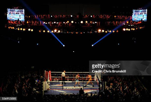 General view of the arena as Ricky Hatton of Great Britain takes on Vyacheslav Senchenko of Ukraine during their welterweight bout at MEN Arena on...