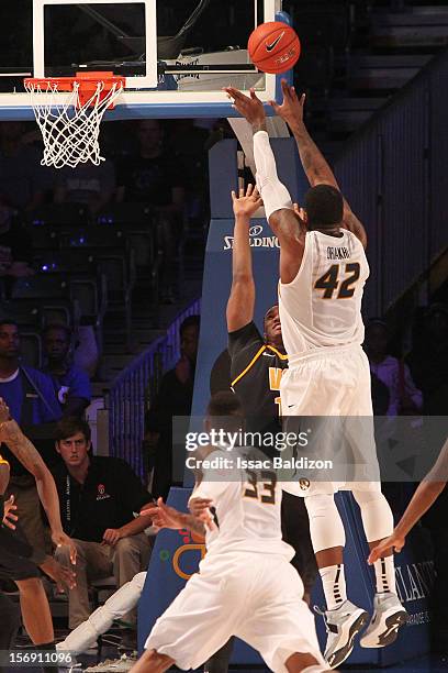 Alex Oriakhi of the Missouri Tigers shoots over the Virginia Commonwealth Rams during the Battle 4 Atlantis tournament at Atlantis Resort November...