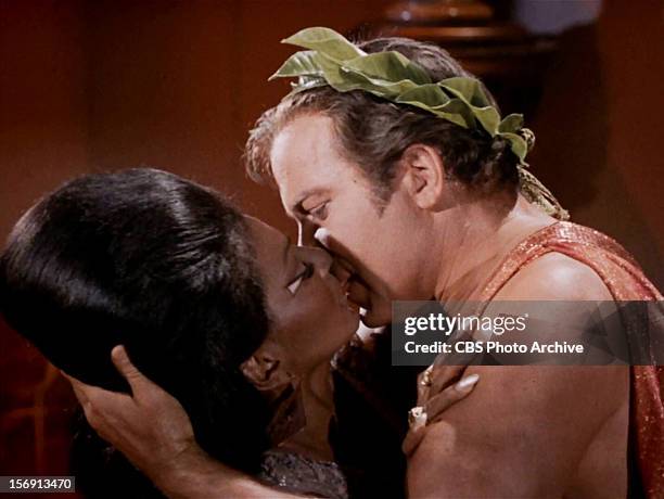 Nichelle Nichols as Uhura and William Shatner as Captain James T. Kirk in the STAR TREK episode, "Plato's Stepchildren." Original air date, November...