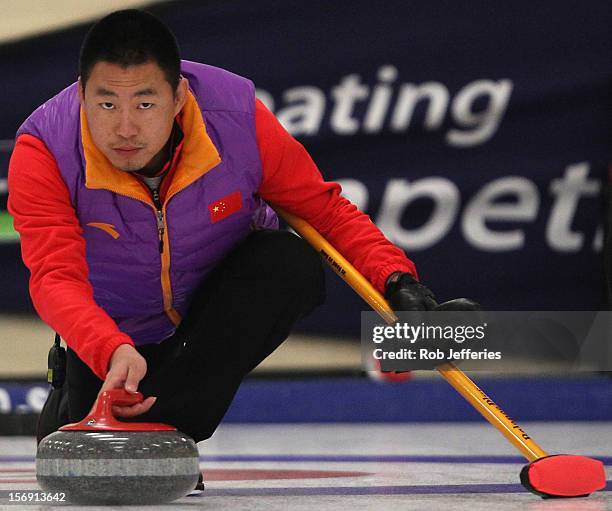 Riu Liu of China during the Pacific Asia 2012 Curling Championship at the Naseby Indoor Curling Arena on November 25, 2012 in Naseby, New Zealand.