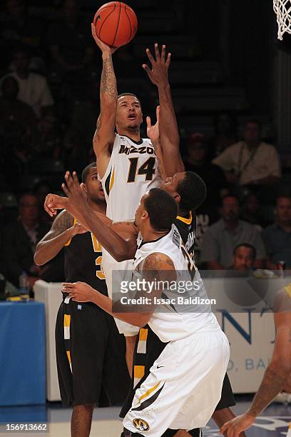 Negus Webster- Chan of the Missouri Tigers shoots against the Virginia Commonwealth Rams during the Battle 4 Atlantis tournament at Atlantis Resort...