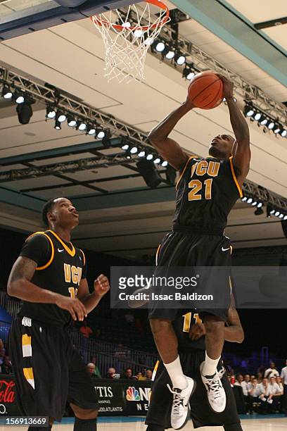 Treveon Graham of the Virgina Commonwealth Rams grabs a rebound against the Missouri Tigers during the Battle 4 Atlantis tournament at Atlantis...