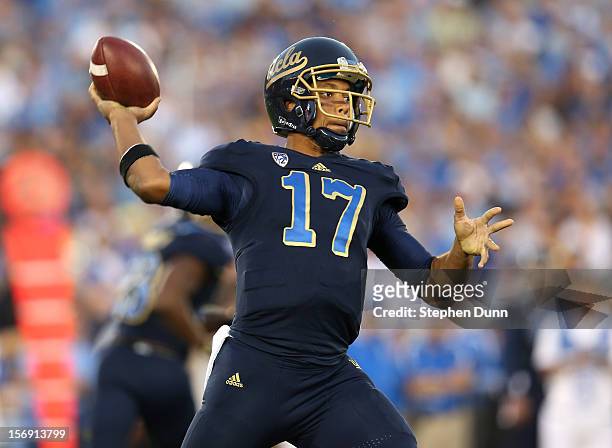 Quarterback Brett Hundley of the UCLA Bruins throws a pass against the Stanford Cardinal at the Rose Bowl on October 13, 2012 in Pasadena,...