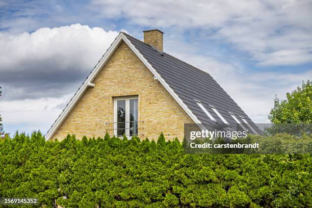 yellow brick house behind a hedge - general images of property stock pictures, royalty-free photos & images