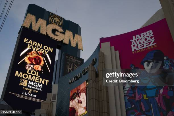 Signage outside the MGM Grand hotel and casino in Las Vegas, Nevada, US, on Friday, July 28, 2023. MGM Resorts International is scheduled to release...