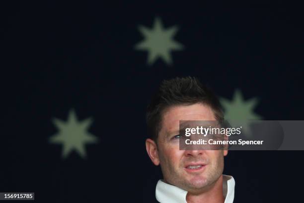 Australian captain Michael Clarke watches his batsmen from the Australian change room during day four of the Second Test Match between Australia and...