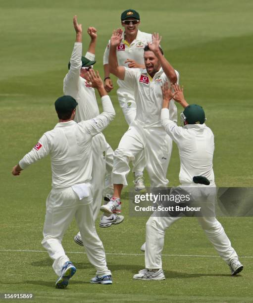 Ben Hilfenhaus of Australia celebrates after dismissing Graeme Smith of South Africa during day four of the Second Test Match between Australia and...