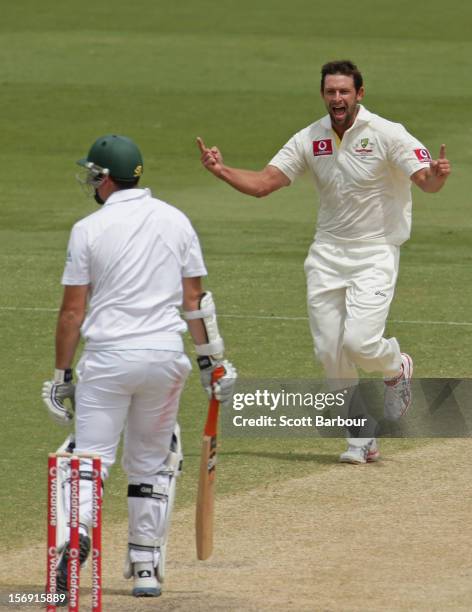 Ben Hilfenhaus of Australia celebrates after dismissing Graeme Smith of South Africa during day four of the Second Test Match between Australia and...