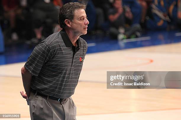 Head coach Rick Pitino of the Luisville Cardinals looks on during the game against the Duke Blue Devils during the Battle 4 Atlantis tournament at...