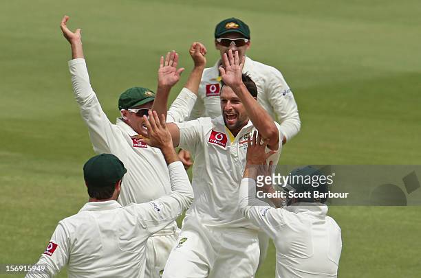 Ben Hilfenhaus of Australia celebrates after dismissing Graeme Smith of South Africa during day four of the Second Test Match between Australia and...