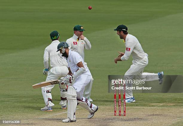 Michael Clarke of Australia celebrates after taking a catch at slip to dismiss Hashim Amla of South Africa during day four of the Second Test Match...