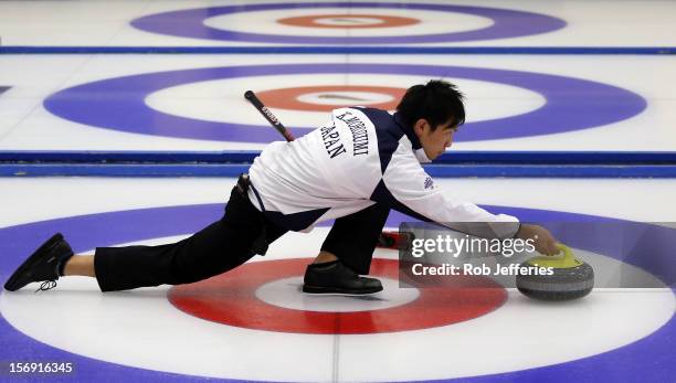 Kosuke Morozumi of Japan during the Pacific Asia 2012 Curling Championship at the Naseby Indoor Curling Arena on November 25, 2012 in Naseby, New...