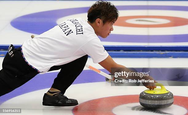Tsuyoshi Yamaguchi of Japan during the Pacific Asia 2012 Curling Championship at the Naseby Indoor Curling Arena on November 25, 2012 in Naseby, New...