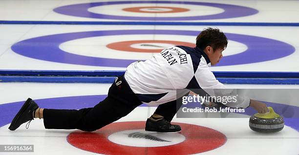 Tsuyoshi Yamaguchi of Japan during the Pacific Asia 2012 Curling Championship at the Naseby Indoor Curling Arena on November 25, 2012 in Naseby, New...