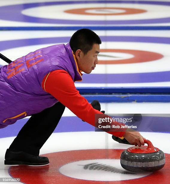 Riu Liu of China during the Pacific Asia 2012 Curling Championship at the Naseby Indoor Curling Arena on November 25, 2012 in Naseby, New Zealand.