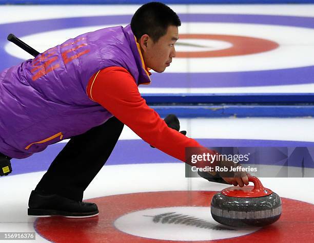 Riu Liu of China during the Pacific Asia 2012 Curling Championship at the Naseby Indoor Curling Arena on November 25, 2012 in Naseby, New Zealand.