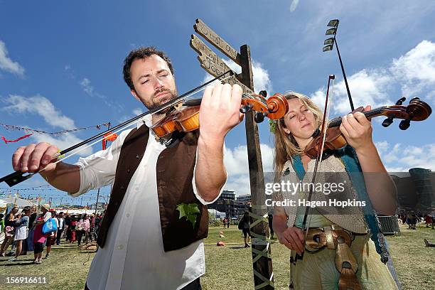 Musicians Tristan Carter and Hannah Fraser play a tune during the Hobbit Artisan Market ahead of the "The Hobbit: An Unexpected Journey" world...