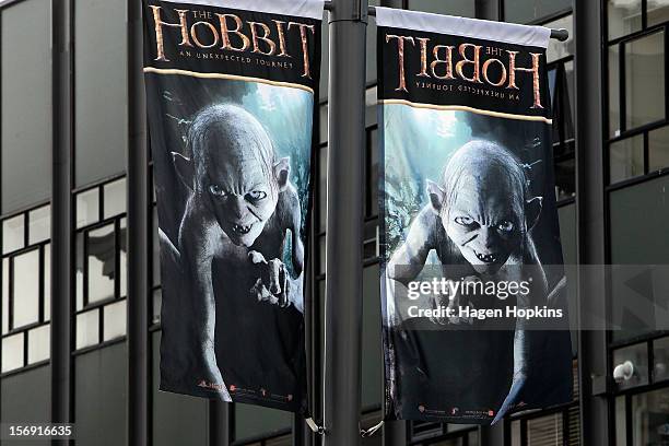 Hobbit flags hang from lampposts on Courtney Place ahead of the "The Hobbit: An Unexpected Journey" world premiere on November 25, 2012 in...