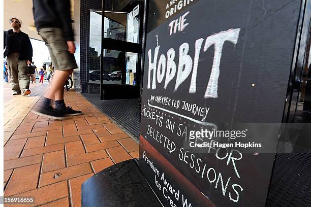 Sign for movie tickets sits on the footpath ahead of the "The Hobbit: An Unexpected Journey" world premiere at Embassy Theatre on November 25, 2012...