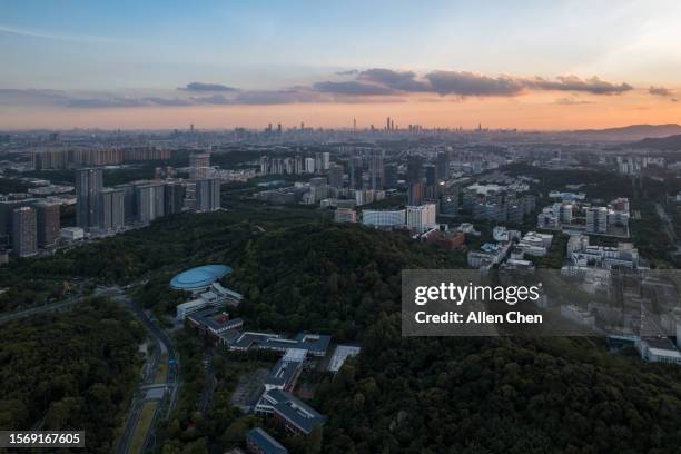 aerial photography of the skyline of urban parks under the setting sun - glen allen stock pictures, royalty-free photos & images