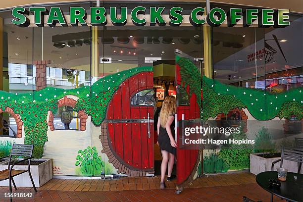 General view of a Hobbit themed mural on the glass frontage of Starbucks Coffee, Courtenay Place ahead of the "The Hobbit: An Unexpected Journey"...