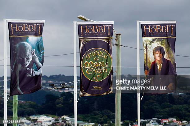 To go with "Entertainment-NZealand-film-tourism-Hobbit,ADVANCER" by Neil Sands This picture taken on November 24th, 2012 shows flags advertising "The...
