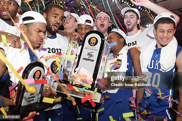 The Duke Blue Devils celebrate winning the Battle 4 Atlantis tournament at Atlantis Resort November 24, 2012 in Nassau, Paradise Island, Bahamas.