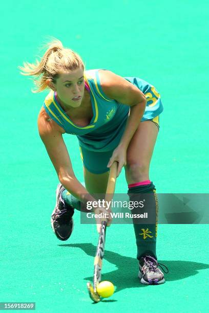 Jordyn Holzberger of the Jillaroos hits the ball in the Jillaroos v Hockeyroos match during day four of the 2012 International Super Series at Perth...