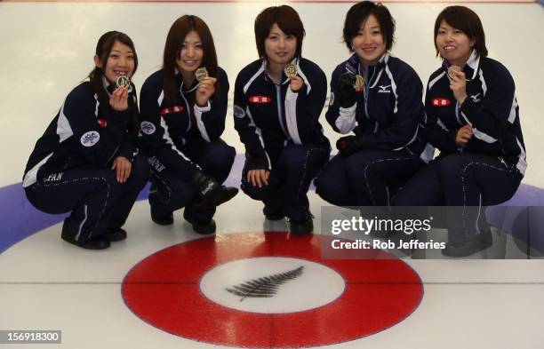 The Japan women's team of Satsuki Fujisawa, Miyo Ichikawa, Emi Shimizu, Chiaki Matsumura and Miyuki Satoh pose for a photo during the Pacific Asia...