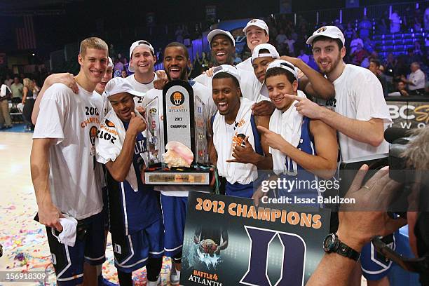 The Duke Blue Devils celebrate winning the Battle 4 Atlantis tournament at Atlantis Resort November 24, 2012 in Nassau, Paradise Island, Bahamas.