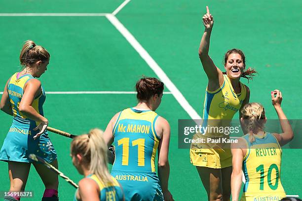 Jill Dwyer of the Hockeyroos celebrates a goal in the gold medal match between the Australian Hockeyroos and the Australian Jillaroos during day four...